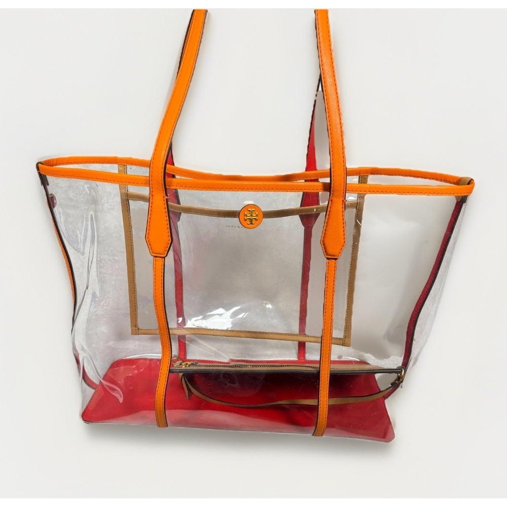 Tory Burch Clear Tote Bag Transparent Vinyl PVC Leather Orange with Tan Pouch